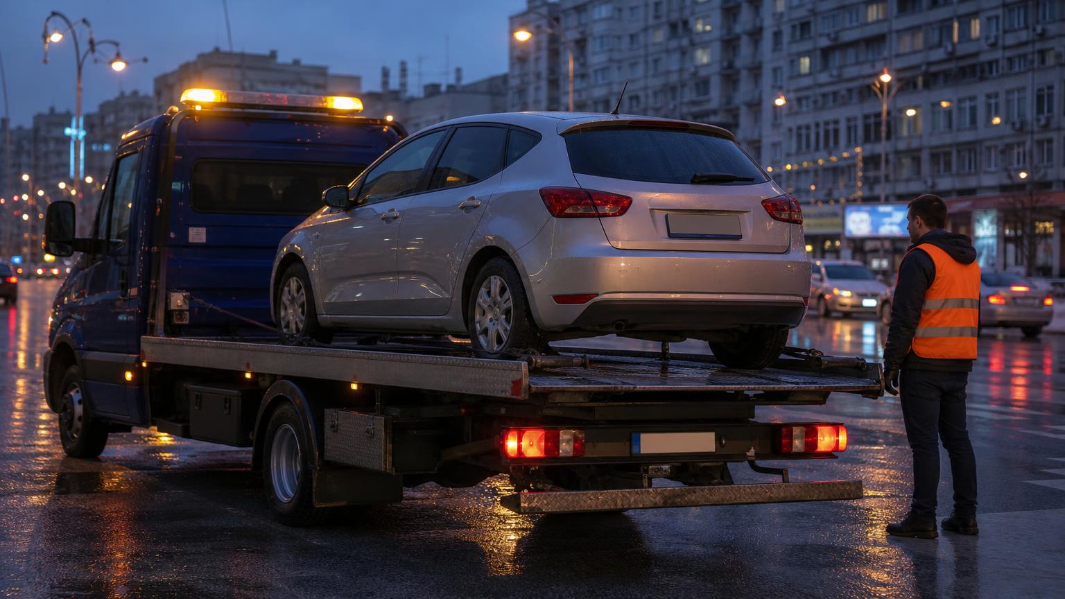 TractPro flatbed tow truck loading a car in Bucharest