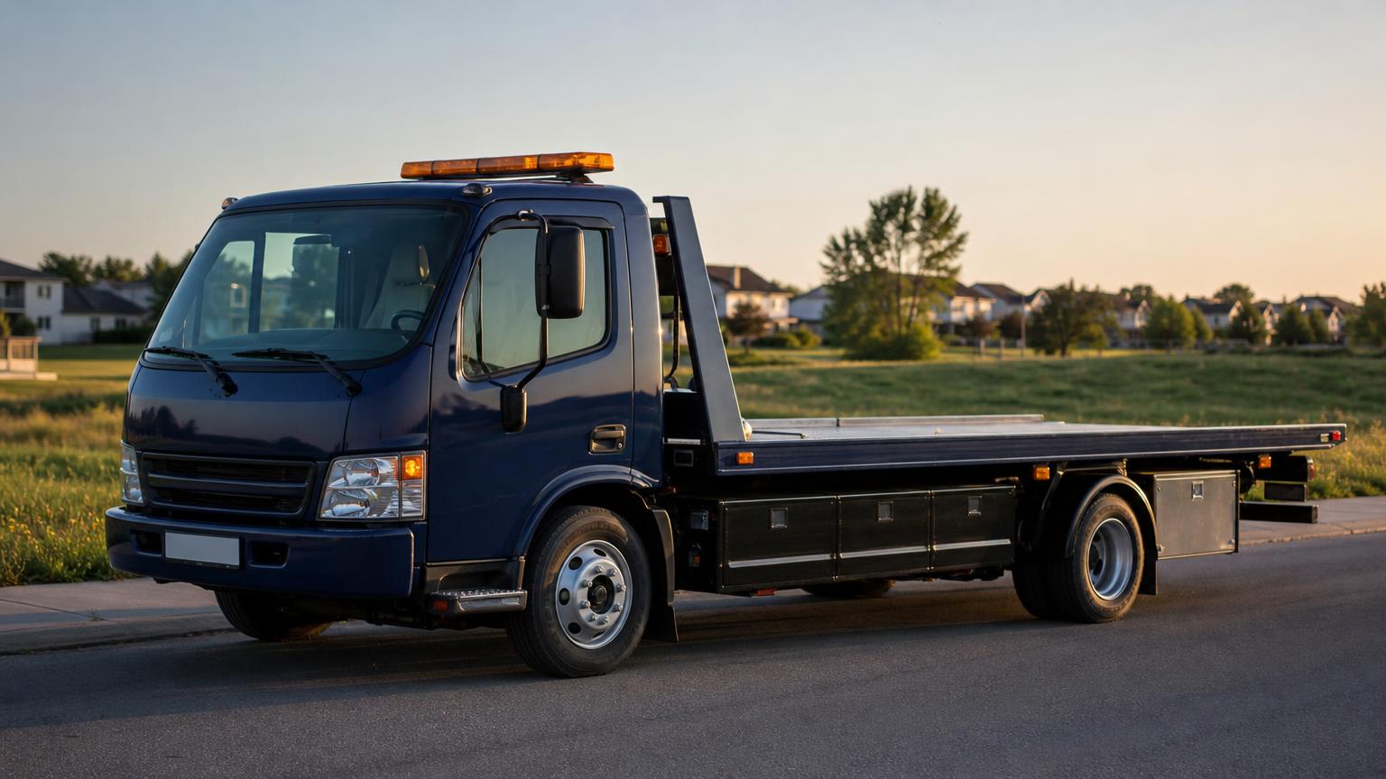 TractPro flatbed tow truck on a road in Ilfov county