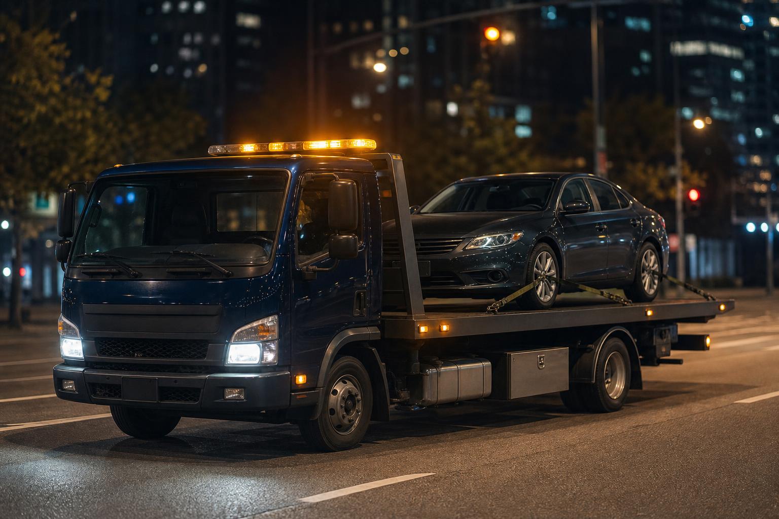 TractPro tow truck ready to dispatch at night