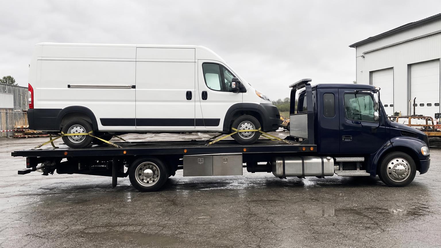 TractPro flatbed loading a white utility van