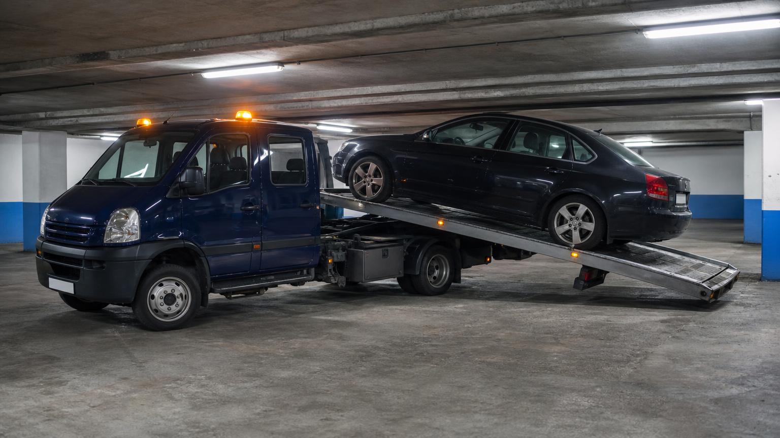 TractPro technician moving a car with dollies in an underground garage